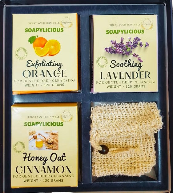 Gift Combo of 3 handmade soaps-Exfoliating Orange, Soothing Lavender, Honey Oat